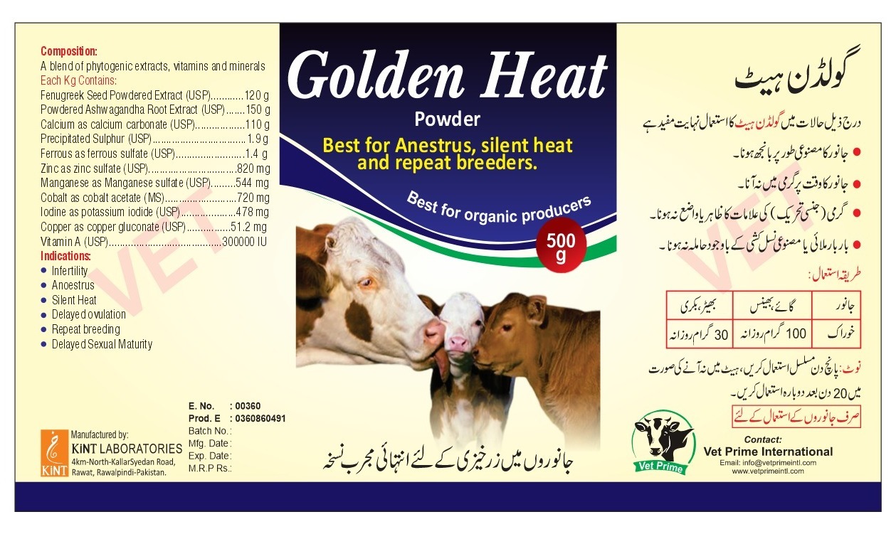 Golden Heat Powder 500 g – Fertility & Hormonal Support for Cows, Buffaloes & Goats | Vet Prime International