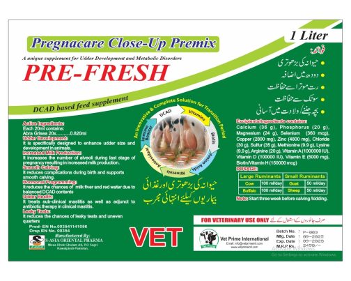Buy Pre-Fresh Pregnacare Close-Up Premix from Vet Prime International – a DCAD-based veterinary feed supplement that supports udder growth, smooth calving, and increased milk production in cows, buffaloes, and goats.